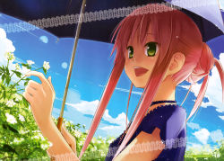 Rule 34 | 1girl, :d, absurdres, blue sky, blurry, cafe sourire, choker, day, depth of field, eretto, female focus, flower, green eyes, hair bun, highres, image sample, mizushima serika, nature, open mouth, outdoors, pink hair, plant, sky, smile, solo