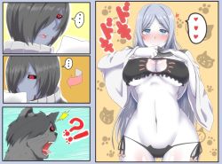 Rule 34 | !, ..., 10s, 1girl, abyssal admiral (kancolle), abyssal ship, admiral (kancolle), animal print, black hair, black sclera, blue eyes, blush, breasts, cat, cat lingerie, cat print, cleavage, cleavage cutout, clothes lift, clothing cutout, colored sclera, colored skin, commentary request, curvy, female abyssal admiral (kancolle), female admiral (kancolle), gluteal fold, heart, heart-shaped pupils, i b b e, kantai collection, large breasts, long hair, looking at viewer, meme attire, navel, panties, paw print, red eyes, scar, shirt lift, short hair, side-tie panties, smile, spoken ellipsis, spoken exclamation mark, spoken heart, surprised, symbol-shaped pupils, ta-class battleship, thigh gap, translation request, underwear, white hair, white skin, wide hips, wide sleeves