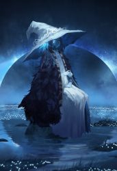 Rule 34 | 1girl, absurdres, asteroid ill, blue background, blue eyes, blue hair, blue skin, blue theme, cloak, colored skin, dress, elden ring, extra arms, extra faces, from side, full body, full moon, fur cloak, glowing, hat, highres, looking at viewer, moon, night, one eye closed, outdoors, own hands together, ranni the witch, short hair, sitting, solo, water, white dress, witch hat
