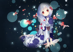 Rule 34 | 1girl, fish, flower, hair flower, hair ornament, japanese clothes, kimono, long hair, looking at viewer, open mouth, original, parted lips, red eyes, rugo, sash, sitting, solo, white hair, yukata