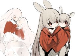 4girls :&lt; cape capelet carrying chestnut_mouth closed_eyes closed_mouth dress grey_dress grey_hair highres long_hair mother_and_daughter multiple_girls piggyback rabbit_ears red_cape red_eyes shirokujira short_hair sitting sitting_on_person very_long_hair