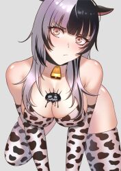 Rule 34 | 1girl, :/, all fours, animal ears, animal print, bare shoulders, bell, bikini, black collar, black hair, blunt bangs, breasts, cipher4109, cleavage, closed mouth, collar, cow ears, cow print, cow print bikini, cowbell, grey background, highres, hololive, hololive english, large breasts, looking at viewer, multicolored hair, neck bell, print bikini, print thighhighs, shiori novella, simple background, solo, split-color hair, swimsuit, thighhighs, thighs, virtual youtuber, white hair, yellow eyes, yorick (shiori novella)