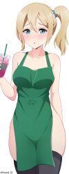 Rule 34 | 1girl, absurdres, apron, black thighhighs, blonde hair, blue eyes, blue scrunchie, blush, breasts, collarbone, cup, disposable cup, drinking straw, furrowed brow, green apron, hair between eyes, hair ornament, hair scrunchie, hayasaka ai, highres, holding, kaguya-sama wa kokurasetai ~tensai-tachi no renai zunousen~, long hair, looking at viewer, medium breasts, naked apron, open mouth, paid reward available, roswell ss, scrunchie, side ponytail, skindentation, solo, thighhighs
