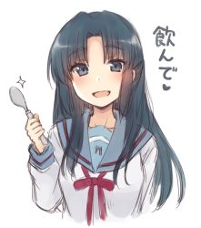 Rule 34 | 1girl, :d, asakura ryouko, black hair, blue eyes, blue sailor collar, blush, bow, collarbone, commentary, hand up, holding, holding spoon, kita high school uniform, long hair, long sleeves, looking at viewer, nagami yuu, open mouth, parted bangs, red bow, sailor collar, school uniform, serafuku, shirt, smile, solo, sparkle, spoon, suzumiya haruhi no yuuutsu, translated, white shirt