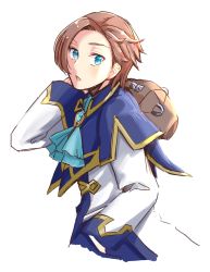 Rule 34 | 1boy, absurdres, ascot, bag, blue ascot, blue capelet, brooch, brown hair, capelet, commentary, cropped torso, genderswap, genderswap (ftm), hand in pocket, highres, jewelry, katarina claes, long sleeves, looking at viewer, male focus, mutton (user hafp8324), open mouth, otome game no hametsu flag shika nai akuyaku reijou ni tensei shite shimatta, simple background, solo, swept bangs, white background
