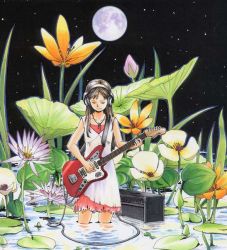 Rule 34 | 1girl, acrylic paint (medium), amplifier, brown hair, cable, closed eyes, dress, electric guitar, fairy, flower, full moon, guitar, headphones, instrument, jewelry, long hair, lotus, mini person, minigirl, moon, music, necklace, night, night sky, original, oversized object, painting (medium), plant, sky, solo, sorame, star (sky), starry sky, surreal, traditional media, wading, water