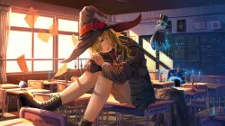 Rule 34 | 1girl, belt, black footwear, black hat, black sailor collar, black serafuku, black skirt, blonde hair, blue eyes, boots, candle, chair, chalkboard, classroom, commentary, curtains, desk, drawing (object), foot out of frame, hair over one eye, hat, highres, hugging own legs, indoors, long hair, long sleeves, looking at viewer, neckerchief, on desk, one eye covered, open mouth, original, paper, pleated skirt, puppet, red belt, sailor collar, sakatsuki yakumo, school chair, school desk, school uniform, serafuku, sitting, skirt, smile, solo, sunset, swept bangs, teeth, upper teeth only, window, witch, witch hat, yellow neckerchief