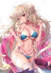 Rule 34 | 1girl, ahoge, azur lane, bare arms, bare shoulders, bikini, blue bikini, braid, breasts, choker, cleavage, collarbone, double bun, feathered wings, formidable (azur lane), formidable (the lady of the beach) (azur lane), hair bun, highres, large breasts, long hair, looking at viewer, multi-strapped bikini bottom, multi-strapped bikini top, navel, pdxen, red eyes, silver hair, simple background, solo, stomach, strap pull, swimsuit, thighhighs, twin braids, twintails, very long hair, white background, white thighhighs, wings