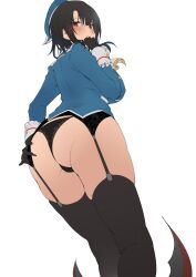 Rule 34 | 1girl, absurdres, ass, back, black gloves, black hair, black panties, black thighhighs, blue headwear, blue jacket, endou (zettai bluenoid), garter straps, gloves, hand on own ass, highres, jacket, kantai collection, lace, lace panties, looking at viewer, looking back, panties, red eyes, solo, standing, takao (kancolle), thighhighs, underwear, unfinished, white background
