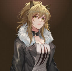 Rule 34 | 1girl, absurdres, animal ears, arknights, bare shoulders, black jacket, blonde hair, blouse, breasts, collar, collarbone, female focus, fur-trimmed jacket, fur trim, hair between eyes, highres, jacket, lan yu, large breasts, lion ears, long hair, looking at viewer, messy hair, parted lips, ponytail, shirt, sidelocks, siege (arknights), solo, tank top, upper body, white shirt, white tank top