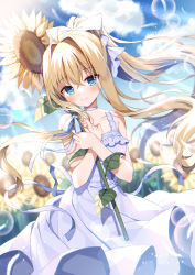 Rule 34 | 1girl, air (visual novel), bare shoulders, blonde hair, blue bow, blue eyes, blue sky, blurry, blurry background, bow, closed mouth, cloud, collarbone, commentary request, day, depth of field, dress, field, flower, flower field, hair between eyes, hair bow, hair intakes, highres, kamio misuzu, long hair, mauve, hugging object, outdoors, pleated dress, ponytail, sky, sleeveless, sleeveless dress, smile, solo, sunflower, sunflower field, very long hair, white dress, yellow flower