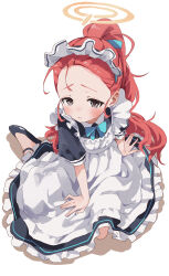 Rule 34 | 1girl, absurdres, black footwear, blue archive, blush, commentary request, forehead, grey eyes, halo, highres, long hair, looking at viewer, maid, maid headdress, official alternate costume, ponytail, red hair, shoes, short sleeves, simple background, sitting, solo, white background, yamamoto souichirou, yuzu (blue archive), yuzu (maid) (blue archive)
