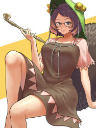Rule 34 | 1girl, absurdres, animal ears, bare shoulders, bell, breasts, brown dress, brown eyes, brown hair, dress, futatsuiwa mamizou, grin, highres, holding, holding smoking pipe, invisible chair, kiseru, large breasts, leaf, leaf on head, lips, looking at viewer, nagarapu, raccoon ears, raccoon girl, raccoon tail, short sleeves, sitting, smile, smoking pipe, solo, tail, teeth, touhou, two-tone background, white background, yellow background