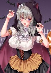 Rule 34 | 1girl, animal ears, animal hood, arm up, black hairband, black nails, black skirt, blush, breasts, brown cape, cape, cat ears, cat hood, center frills, commentary request, corset, fangs, fingernails, frilled hairband, frills, grey hair, hair between eyes, hairband, hand up, heterochromia, highres, hood, hood up, hooded cape, jewelry, large breasts, long hair, looking at viewer, marisasu (marisa0904), multicolored nails, nail polish, open mouth, original, pendant, pleated skirt, puffy short sleeves, puffy sleeves, purple eyes, red eyes, red nails, shirt, short sleeves, skirt, solo, v-shaped eyebrows, white shirt
