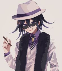 Rule 34 | 1boy, :d, black hair, black scarf, checkered clothes, checkered necktie, checkered neckwear, collared shirt, crossed bangs, danganronpa (series), danganronpa v3: killing harmony, fur trim, grey background, hair between eyes, hat, highres, holding, jacket, kozomezuki, long sleeves, looking at viewer, male focus, multicolored hair, necktie, official alternate costume, oma kokichi, open clothes, open mouth, pen, purple eyes, purple shirt, scarf, shirt, short hair, simple background, smile, solo, striped, sunglasses, two-tone hair, upper body, vest, white background, white hat, white jacket, white vest, wing collar