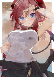 Rule 34 | 1girl, :3, absurdres, arm up, blue archive, blue eyes, breasts, brown background, closed mouth, collar, dirt, highres, horns, jacket, large breasts, looking at another, medium breasts, megu (blue archive), pointy ears, red hair, simple background, sleeveless, solo, steam, sweat, tail, toketacocoa