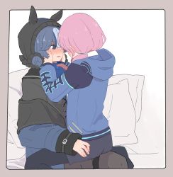 Rule 34 | 2girls, arknights, blue hair, blue poison (arknights), blush, commentary, glaucus (arknights), hood, hooded jacket, implied kiss, jacket, kumamoto aichi, long tongue, low twintails, multicolored hair, multiple girls, pantyhose, pink hair, saliva, saliva trail, shorts, sitting, sitting on lap, sitting on person, streaked hair, symbol-only commentary, tongue, twintails, yuri