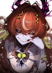 Rule 34 | 1girl, absurdres, bandaged chest, black bow, black bowtie, black horns, black sclera, blood, bow, bowtie, brown hair, collarbone, colored sclera, colored skin, cowlick, dokuro deluxe, extra eyes, green pupils, grey skin, highres, horns, indie virtual youtuber, long hair, megu (vtuber), multicolored hair, purple eyes, second-party source, sharp teeth, slit pupils, solo, streaked hair, symbol-shaped pupils, teeth, upper body, x-shaped pupils, yellow eyes