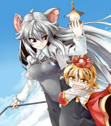 Rule 34 | 2girls, aged down, aged up, animal ears, bishamonten&#039;s pagoda, black hair, blonde hair, blush, child, female focus, grey hair, hair ornament, hug, jewelry, mole, mouse ears, multicolored hair, multiple girls, nazrin, open mouth, pendant, phenne, red eyes, role reversal, short hair, smile, tears, toramaru shou, touhou, two-tone hair, yellow eyes