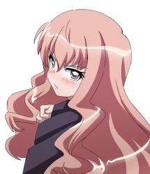 Rule 34 | 1girl, :t, blush, brown eyes, commentary request, from behind, hair between eyes, hand up, highres, kuro kosyou, long hair, looking at viewer, looking back, louise francoise le blanc de la valliere, pink hair, pout, simple background, solo, v-shaped eyebrows, white background, zero no tsukaima
