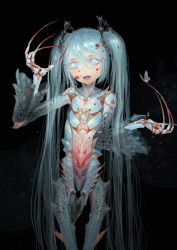 Rule 34 | 1girl, bad id, bad pixiv id, blue eyes, carapace, extra arms, fingernails, hatsune miku, long fingernails, long hair, monster girl, open mouth, seeker, smile, solo, twintails, very long hair, vocaloid