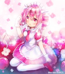 Rule 34 | 1girl, apron, blush, cherry, commentary request, dress, drill hair, food, fruit, gloves, hair between eyes, highres, holding, holding food, kohaku muro, maid apron, maid headdress, open mouth, original, pantyhose, pink dress, pink footwear, puffy short sleeves, puffy sleeves, purple eyes, shoes, short sleeves, sidelocks, sitting, solo, striped clothes, striped dress, twin drills, twintails, twitter username, vertical-striped clothes, vertical-striped dress, wariza, white apron, white gloves, white pantyhose