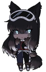 Rule 34 | 1girl, :&lt;, animal ears, black bodysuit, black footwear, black hair, blue bodysuit, blue eyes, bodysuit, borrowed character, brown hair, chest harness, chibi, closed mouth, colored sclera, colored tips, dark-skinned female, dark skin, dog ears, dog girl, dog tail, ear piercing, full body, fur-trimmed footwear, fur-trimmed sleeves, fur collar, fur trim, goggles, goggles on head, grey hair, grey sclera, hair between eyes, hand on own hip, harness, lapithai, long sleeves, looking at viewer, lowres, multicolored hair, original, piercing, shaded face, simple background, ski goggles, solo, standing, tail, transparent background