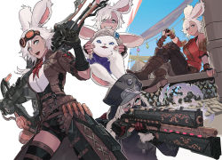Rule 34 | 1girl, animal ears, warrior of light (ff14), black gloves, blue eyes, boots, breasts, byuub, carrot, dark-skinned female, dark skin, ears through headwear, final fantasy, final fantasy xiv, fingerless gloves, food, gloves, goggles, goggles on head, gun, hands on another&#039;s cheeks, hands on another&#039;s face, hat, holding, holding carrot, holding gun, holding weapon, looking at viewer, loporrit, machinist (final fantasy), mask, medium breasts, mouth mask, multiple views, open mouth, rabbit ears, short hair, shorts, thigh boots, thighhighs, viera, weapon, white hair