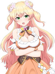 Rule 34 | 1girl, angry, arm garter, bare shoulders, blonde hair, blush, bow, bowtie, breasts, cleavage, clothing cutout, crossed arms, double bun, dress, flower, frilled dress, frills, green eyes, hair bun, hair flower, hair ornament, heart cutout, highres, hololive, kuro hopper, long hair, looking at viewer, momosuzu nene, multicolored hair, open mouth, orange hair, ribbon, simple background, solo, strapless, strapless dress, upper body, very long hair, virtual youtuber, white background, wrist ribbon