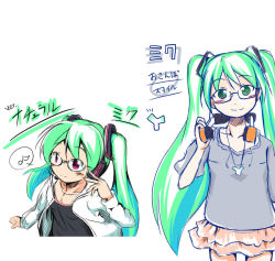 Rule 34 | 1girl, bespectacled, blush, glasses, green eyes, green hair, hatsune miku, headphones, long hair, looking at viewer, musical note, project diva (series), project diva 2nd, purple eyes, sch, simple background, skirt, smile, twintails, very long hair, vocaloid, white background