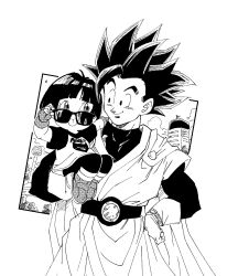 Rule 34 | black eyes, black hair, carrying, carrying person, dragon ball, father and daughter, fenyon, great saiyaman, happy, hero costume, highres, monochrome, official art, pan (dragon ball), smile, son gohan, sunglasses, tagme, tongue, tongue out