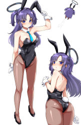 Rule 34 | 1girl, alternate costume, animal ears, aqua necktie, ass, backless leotard, barefoot, between breasts, black footwear, black leotard, blue archive, blush, breasts, brown pantyhose, chibi, closed mouth, commentary, covered navel, detached collar, fake animal ears, fake tail, forehead, from behind, gloves, halo, hand on own chest, hand up, high heels, highleg, highleg leotard, highres, legs apart, leotard, long hair, machismo fuji, medium breasts, multiple views, necktie, necktie between breasts, pantyhose, parted bangs, parted lips, playboy bunny, purple eyes, purple hair, rabbit tail, shiny clothes, short twintails, sideboob, simple background, solo, standing, strapless, strapless leotard, sweat, tail, thighs, twintails, white background, white gloves, wrist cuffs, yuuka (blue archive)