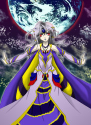 Rule 34 | 1990s (style), 1girl, cape, cecil harvey, detached sleeves, dress, earth (planet), female focus, final fantasy, final fantasy iv, gender request, genderswap, grey hair, jewelry, long hair, mint ruby vyude, nail polish, necklace, red eyes, solo, tiara