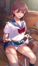 Rule 34 | 1girl, aged down, bad id, bad pixiv id, black socks, blue collar, blue skirt, bow, bowtie, chair, chalkboard, clothes lift, collar, collarbone, damda, desk, fate/grand order, fate (series), food print, hair behind ear, hair intakes, highres, indoors, kneehighs, long hair, looking at viewer, midriff, on desk, open mouth, panties, pleated skirt, red bow, red bowtie, red eyes, red hair, sailor collar, scathach (fate), school chair, school desk, school uniform, serafuku, shirt, short sleeves, sitting, on desk, skirt, skirt lift, socks, solo, strawberry print, underwear, white panties, white shirt