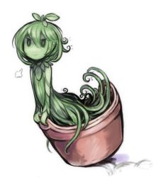 Rule 34 | 1girl, colored skin, commentary request, dress, green dress, green hair, green skin, idon, leaf, leaf on head, looking at viewer, monster girl, original, plant girl, short hair, simple background, smile, smug, solo, tentacles, vase, white background