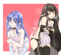 Rule 34 | 2girls, apron, bare shoulders, black hair, blue eyes, blue hair, blush, braid, breasts, medea (fate), choker, cleavage, clenched teeth, detached sleeves, embarrassed, fate/apocrypha, fate/stay night, fate (series), frills, grey eyes, highres, lips, long hair, multiple girls, no panties, open mouth, pink background, pointy ears, semiramis (fate), tears, teeth, thighhighs, very long hair