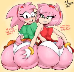 Rule 34 | 2girls, amy rose, ass, ass grab, backboob, bare shoulders, black eyes, blush, bmayyne, breasts, deep skin, dress, from behind, furry, gloves, green eyes, hairband, highres, huge ass, looking at viewer, looking back, looking down, multiple girls, open mouth, panties, pink hair, shiny clothes, shiny skin, short hair, sideboob, skirt, smile, sonic (series), tail, time paradox, underwear