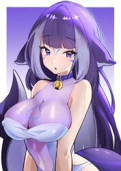 Rule 34 | 1girl, animal ears, bell, belt collar, blue collar, blunt bangs, body markings, breasts, cetacean tail, collar, facial mark, fins, fish tail, highres, indie virtual youtuber, jingle bell, large breasts, long hair, looking at viewer, multicolored hair, one-piece swimsuit, open mouth, orca girl, purple background, purple eyes, purple hair, rainenleaf, see-through, see-through swimsuit, shylily, shylily (3rd costume), sidelocks, streaked hair, swimsuit, tail, two-tone background, virtual youtuber, white background, white hair, white one-piece swimsuit