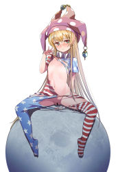 Rule 34 | 1girl, absurdres, american flag dress, american flag legwear, bad id, bad pixiv id, bar censor, blonde hair, blue eyes, blush, breasts, censored, clownpiece, ddism, dress, full body, half-closed eyes, has uncensored version, hat, highres, jester cap, long hair, looking at viewer, multicolored eyes, navel, neck ruff, nipples, pantyhose, polka dot, purple hat, red eyes, short dress, short sleeves, simple background, sitting, small breasts, solo, spread legs, star (symbol), star print, striped clothes, striped dress, torn clothes, torn dress, torn pantyhose, touhou, very long hair, white background