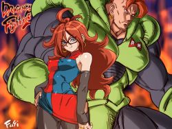 Rule 34 | 1boy, 1girl, android, android 16, android 21, arm warmers, bare shoulders, black pantyhose, bodysuit, breasts, covered erect nipples, curvy, dragon ball, dragon ball fighterz, dragonball z, dress, earrings, eyebrows, fire, frown, fushisha o, glasses, hand on own hip, hoop earrings, jewelry, long hair, looking at viewer, manly, multicolored clothes, multicolored dress, muscular, nail polish, pantyhose, red hair, sleeveless, sleeveless dress, smile