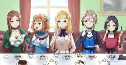 Rule 34 | 5girls, :d, alcohol, ange (princess principal), beatrice (princess principal), black bow, black choker, black hair, blonde hair, blue dress, blue eyes, blurry, blurry background, bow, braid, breasts, brown eyes, bun cover, choker, cleavage, cup, dddomatesu, dessert, dorothy (princess principal), double bun, dress, food, gloves, hair bun, highres, indoors, long hair, long sleeves, macaron, medium breasts, multiple girls, one eye closed, open mouth, plate, princess (princess principal), princess principal, red dress, short hair, sitting, small breasts, smile, teacup, teapot, toudou chise, white gloves, window