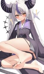 Rule 34 | 1girl, ahoge, bare legs, barefoot, black jacket, black nails, blush, closed mouth, feet, foot focus, grey hair, highres, hololive, horns, jacket, la+ darknesss, long hair, long sleeves, looking at viewer, multicolored hair, purple hair, solo, streaked hair, thomas 8000, toenails, translation request, twintails, very long hair, virtual youtuber, yellow eyes