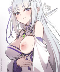 1girl bare_shoulders blush braid closed_mouth commentary_request crown_braid dress elf emilia_(re:zero) flower gem gradient_background green_gemstone grey_hair hair_flower hair_ornament hair_ribbon highres holding holding_knife knife long_hair looking_at_viewer nipples one_breast_out pointy_ears puck_(re:zero) purple_eyes purple_ribbon re:zero_kara_hajimeru_isekai_seikatsu ribbon simple_background white_dress white_flower x_hair_ornament yellowpaint.