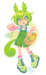 Rule 34 | 1girl, :3, absurdres, basket, bob cut, bow, bowtie, chibi, clenched hand, crispybusiness, edamame, floral print, floral print boots, flower basket, full body, green hair, green overalls, green suspenders, hair between eyes, halftone, halftone background, highres, holding, holding basket, pea pod, pigeon-toed, pink bow, pink bowtie, pink socks, short hair, shorts, socks, solo, sparkling eyes, suspender shorts, suspenders, tail, voicevox, white background, yellow eyes, zundamon