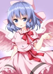 Rule 34 | 1girl, bow, cowboy shot, hair bow, highres, looking at viewer, mai (touhou), open mouth, pink bow, pink wings, purple eyes, purple hair, ruu (tksymkw), short hair, short sleeves, smile, solo, standing, touhou, touhou (pc-98), wings