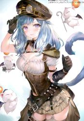 Rule 34 | 1girl, absurdres, adjusting clothes, adjusting headwear, animal ears, arm guards, armor, asymmetrical gloves, belt, black gloves, blue hair, blush, breasts, cat ears, cleavage, facial mark, final fantasy, final fantasy xiv, frills, garter straps, gloves, goggles, hand up, hat, highres, holding, layered skirt, looking at viewer, medium breasts, mini wings, miniskirt, miqo&#039;te, momoko (momopoco), moogle, open mouth, overskirt, peaked cap, purple eyes, scan, short sleeves, shoulder armor, simple background, skirt, smile, staff, thighhighs, warrior of light (ff14), wings
