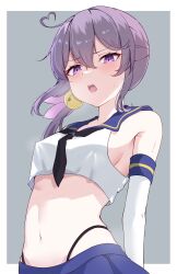 1girl absurdres ahoge akebono_(kancolle) bell black_neckerchief black_panties blonde_hair blue_sailor_collar blue_skirt blush breath calin commentary_request cosplay covered_erect_nipples crop_top elbow_gloves flower gloves grey_background grey_eyes hair_bell hair_flower hair_ornament heart heart_ahoge highleg highleg_panties highres horizontal-striped_thighhighs jingle_bell kantai_collection long_hair looking_at_viewer miniskirt navel neckerchief open_mouth panties purple_eyes purple_hair sailor_collar shimakaze_(kancolle) shimakaze_(kancolle)_(cosplay) shirt shitty_admiral_(phrase) side_ponytail skirt sleeveless sleeveless_shirt solo stomach striped_clothes striped_thighhighs thighhighs two-tone_background underwear upper_body white_gloves