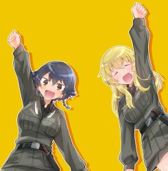 2girls :d absurdres anzio_military_uniform arm_up belt black_belt black_hair black_shirt blonde_hair braid brown_eyes carpaccio_(girls_und_panzer) closed_eyes commentary_request dress_shirt facing_viewer girls_und_panzer grey_jacket grey_skirt highres jacket knife koyama_harutarou long_hair long_sleeves looking_at_viewer military_uniform miniskirt multiple_girls open_mouth partial_commentary pepperoni_(girls_und_panzer) raised_fist shirt side_braid simple_background skirt smile wing_collar yellow_background