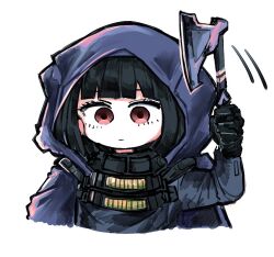 Rule 34 | 1girl, :|, arm up, axe, black coat, black gloves, black hair, black shirt, blunt bangs, chibi, closed mouth, coat, cropped torso, d (nikke), expressionless, gloves, goddess of victory: nikke, hatchet (axe), holding, holding weapon, hood, hood up, hooded coat, medium hair, red eyes, sakeno rarukan, shirt, simple background, solo, tactical clothes, weapon, white background