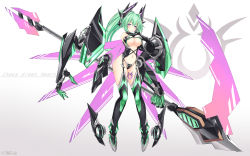 Rule 34 | 1girl, absurdres, alexstardust31, bare shoulders, boots, breasts, claws, cleavage, elbow gloves, full body, gloves, green hair, green heart (chaos form), green heart (neptunia), headgear, highres, large breasts, long hair, looking at viewer, navel, nepnep connect: chaos chanpuru, neptune (series), open mouth, ponytail, power symbol, power symbol-shaped pupils, purple eyes, solo, symbol-shaped pupils, tattoo, thigh boots, thighhighs, very long hair
